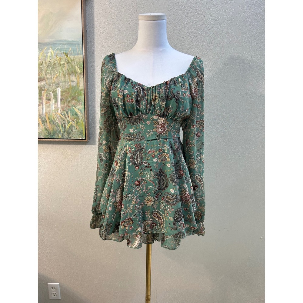 Inspired Hearts Green Paisley Floral Long Sleeve Tiered Ruffle Romper XL